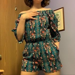 Turquoise Off the Shoulder Xhilaration Patterned Romper With Pockets